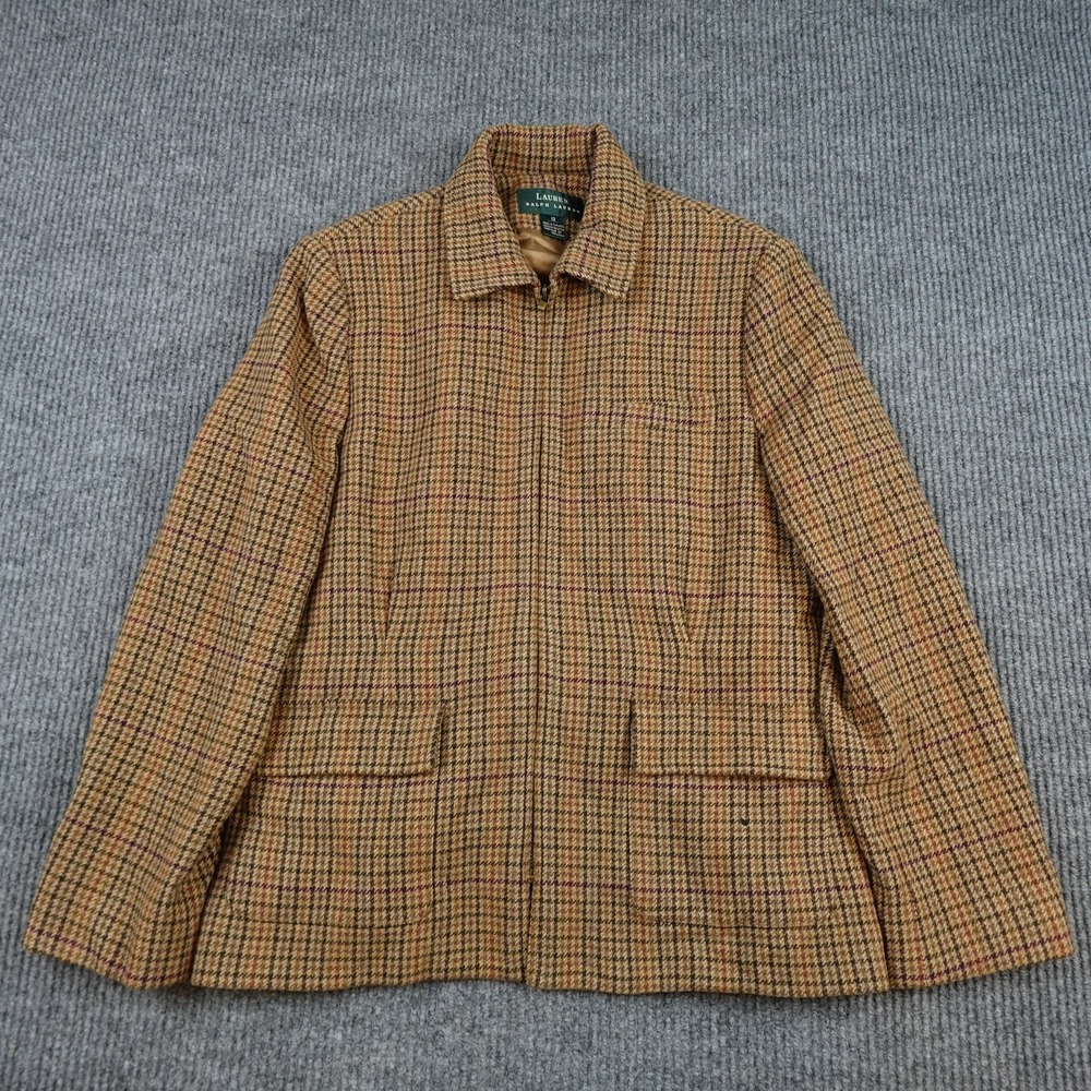 Vintage Lauren Ralph Lauren Houndstooth Jacket Womens 12 Brown Wool Tweed Plaid